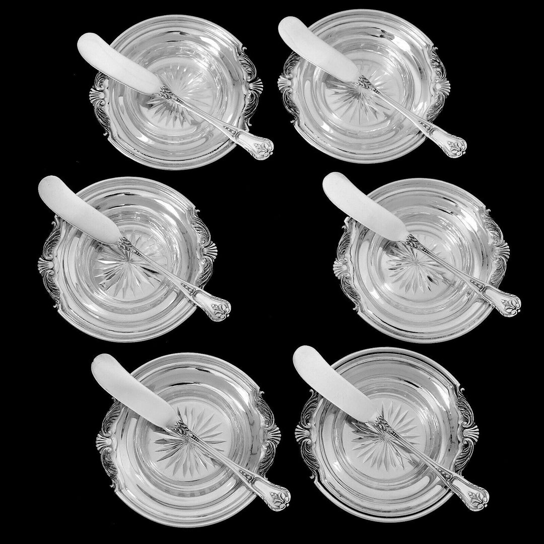 Tetard Rare French Sterling Silver Crystal Caviar Cups with Spreaders 12 Pc