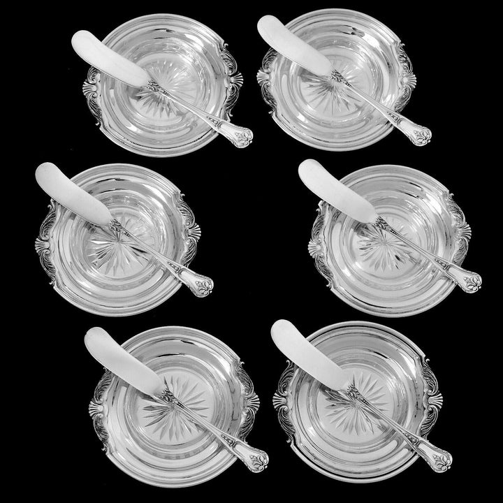 Tetard Rare French Sterling Silver Crystal Caviar Cups with Spreaders 12 Pc