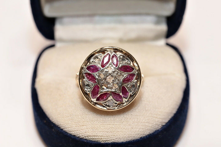 アンティーク 14K ヴィクトリアン ナチュラルローズカットダイヤモンドとルビーのリング
