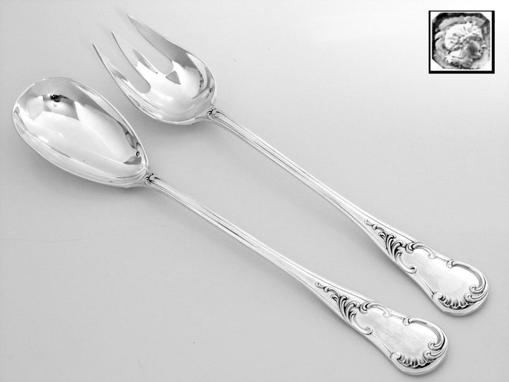 QUEILLE Elegant French All Sterling Silver Salad Serving Set 2 pc Rococo