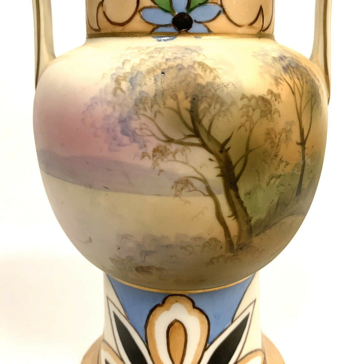 Vintage Nippon Art Deco Vase Hand Painted Morimura Bros Lake w Lotus Tree 6”