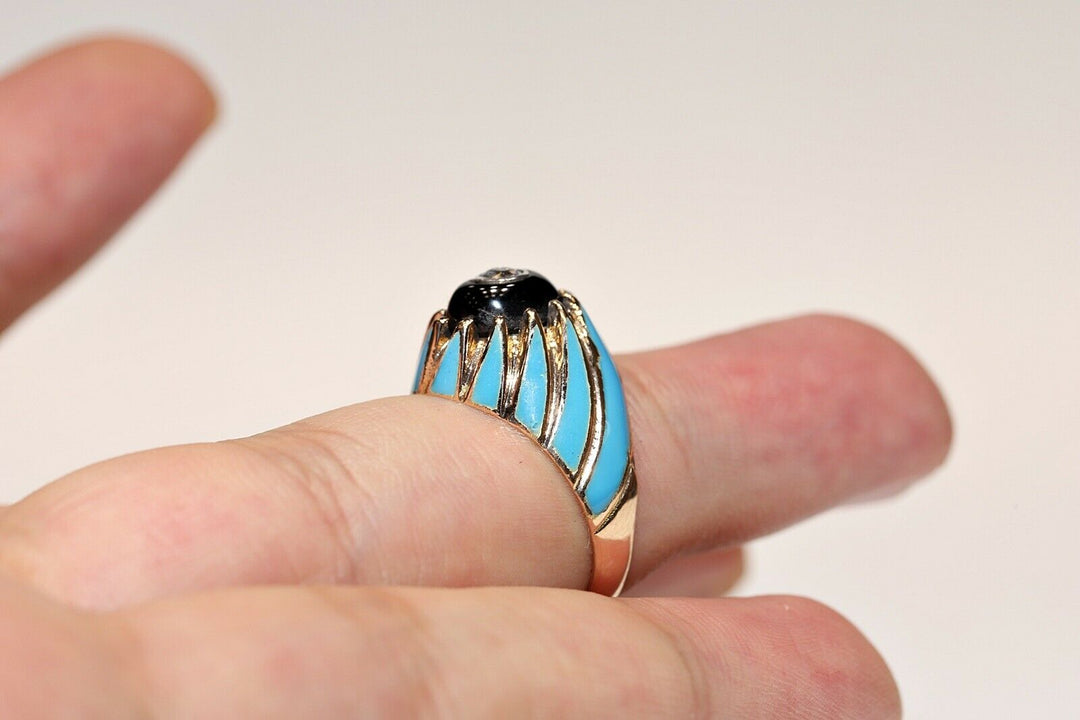 オールド 14K ナチュラルダイヤモンド、オニキス、エナメルのリング