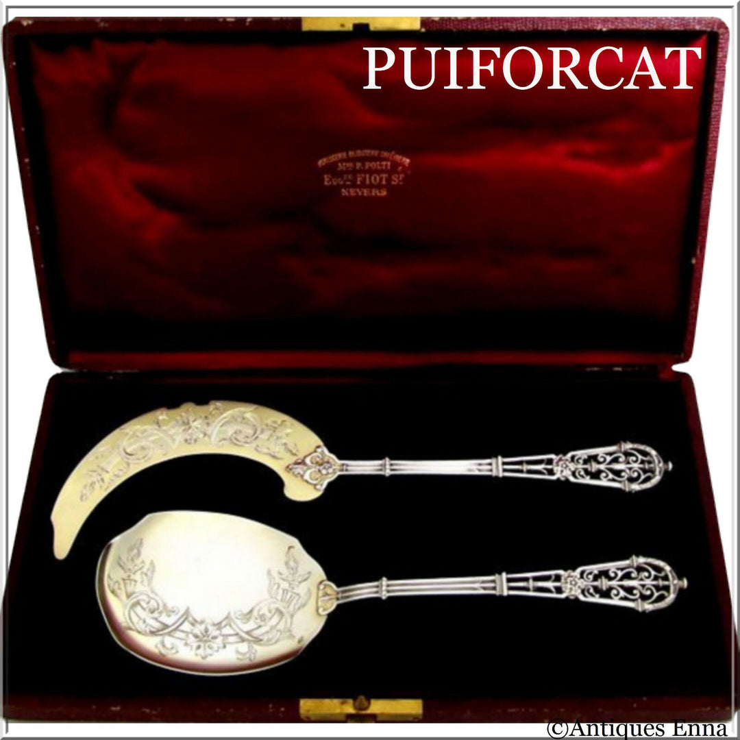 PUIFORCAT French All Sterling Silver 18k Gold Ice Cream Set 2 pc w/box Fantasy