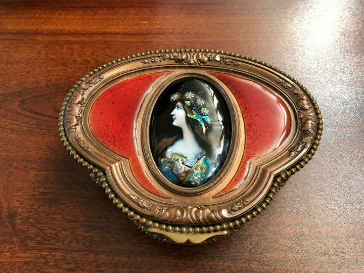 ANTIQUE FRENCH HINGED BRONZE BOX WITH LIMOGE HAND PAINTED ENAMEL