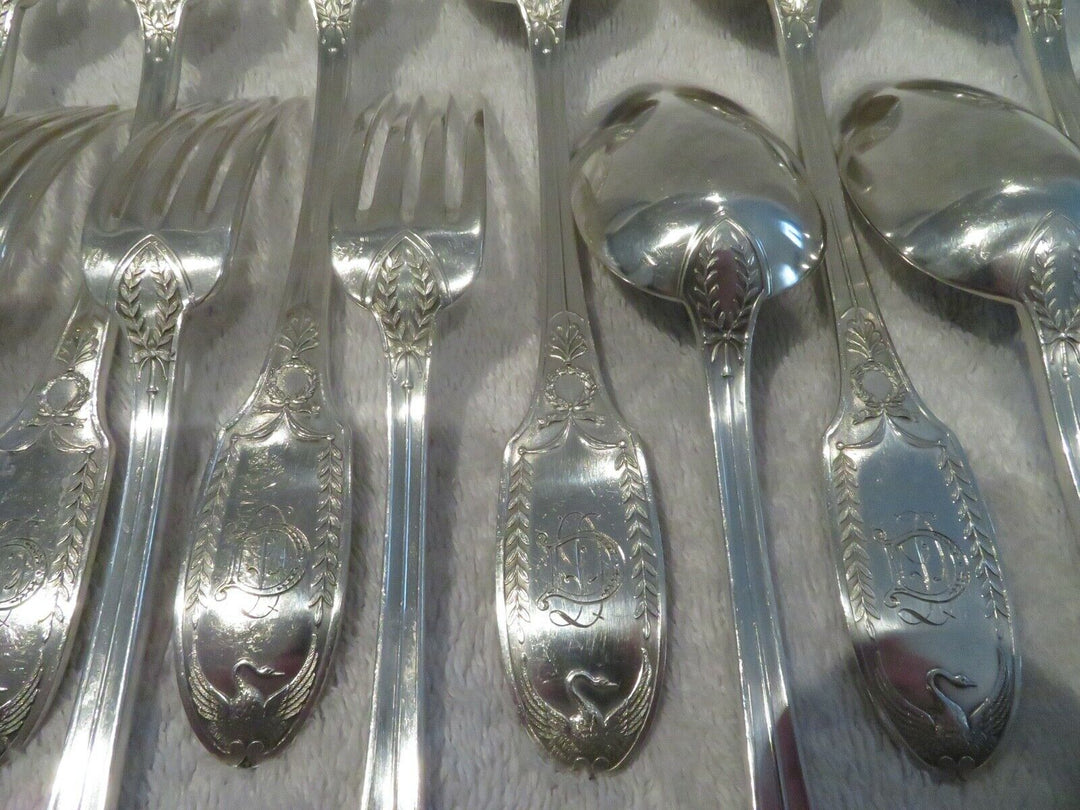 1900 French sterling 950 silver 6 dinner forks 6 soup spoons E Puiforcat swan