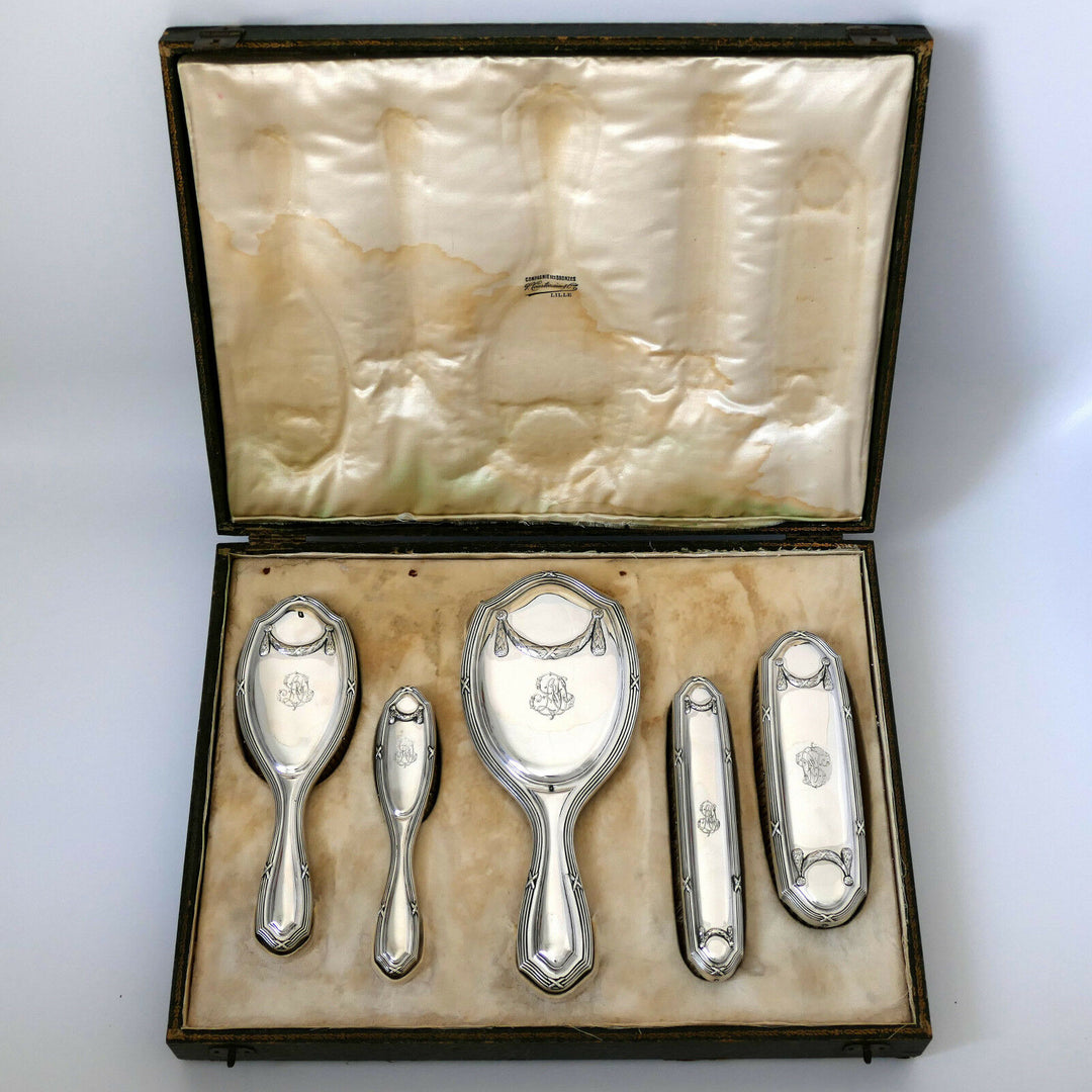 1900 Debain Rare French Sterling Silver Travel Vanity Set 5 Pc, Neoclassical