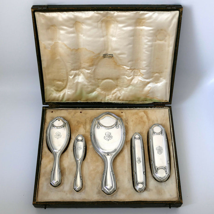 1900 Debain Rare French Sterling Silver Travel Vanity Set 5 Pc, Neoclassical