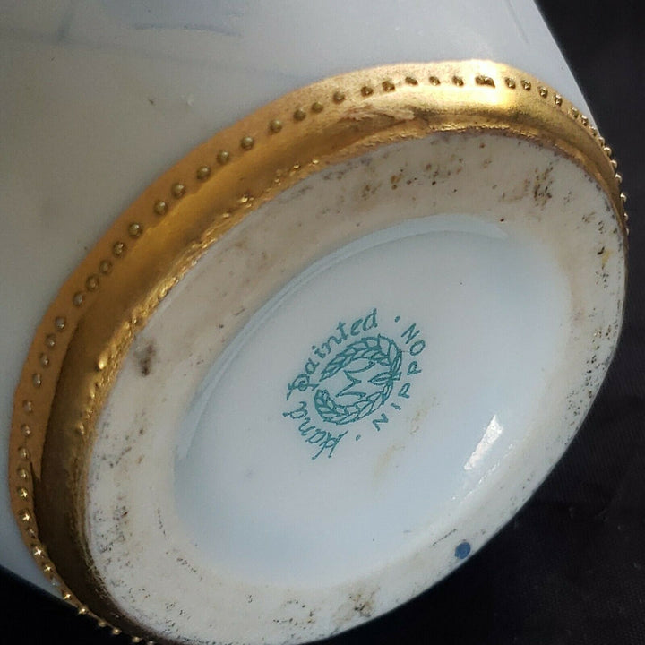 ANTIQUE NIPPON MORIMURA HAND PAINTED GOLD BEADED VASE W/HANDLES & FLORAL MOTIF