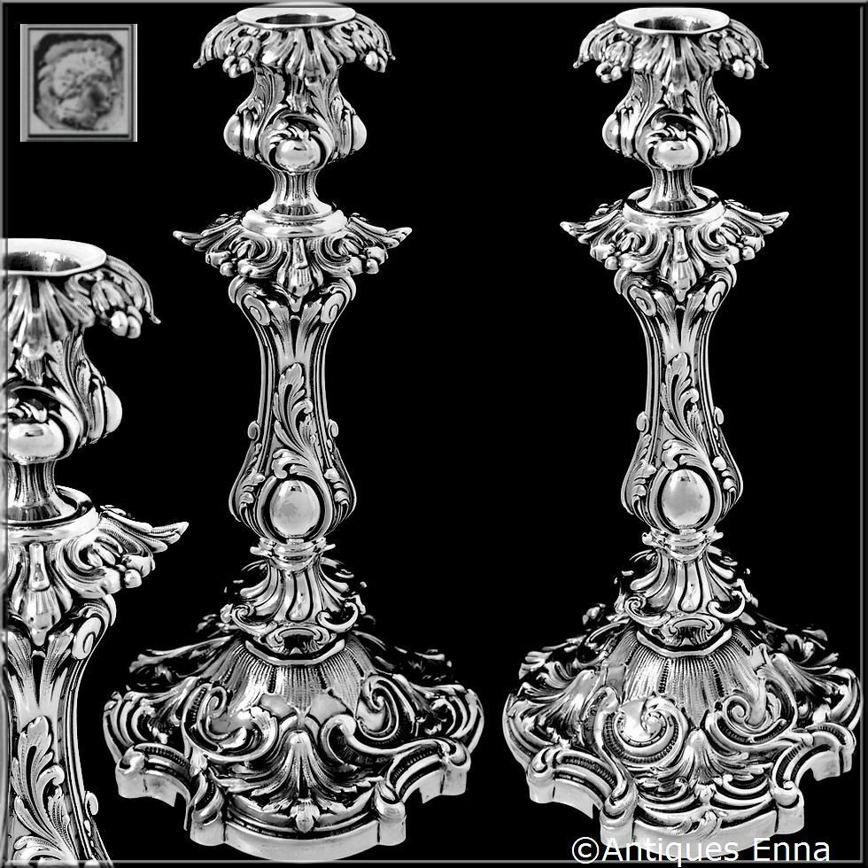 Antique French Sterling Silver Candlesticks Pair, 12"2