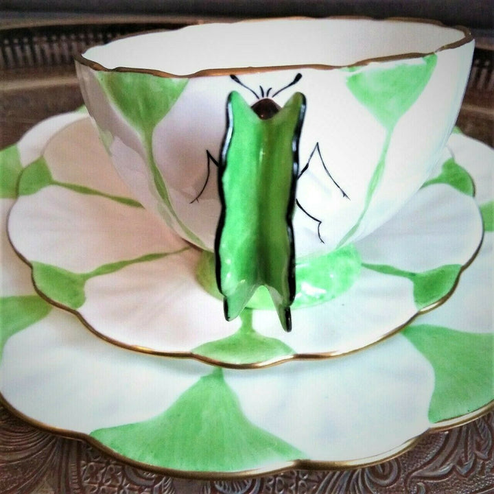 RARE Green & White Aynsley Butterfly handle Art Deco Teacup Saucer Side Plate