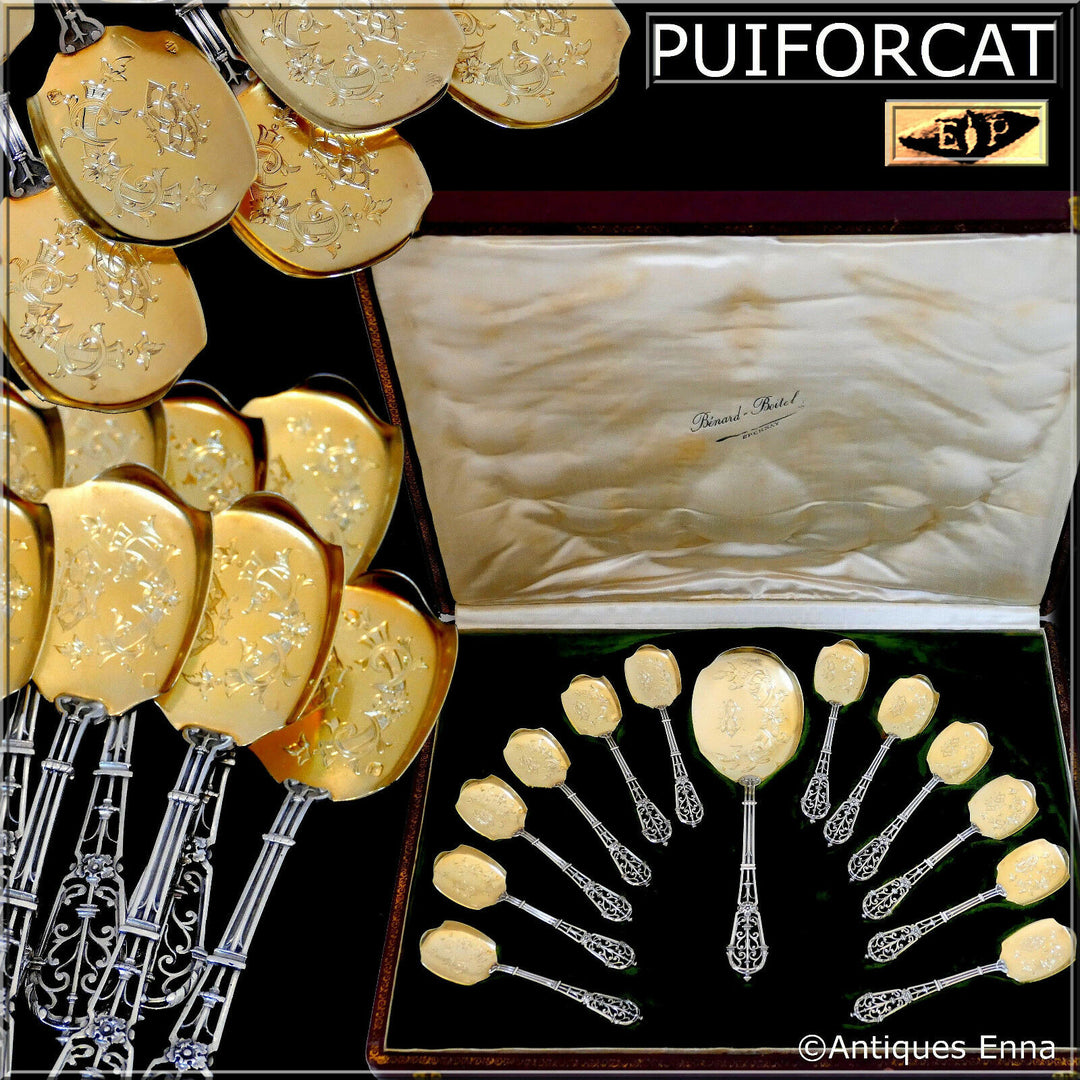 Puiforcat French Sterling Silver 18k Gold Ice Cream Set, Ferrure, Original Box
