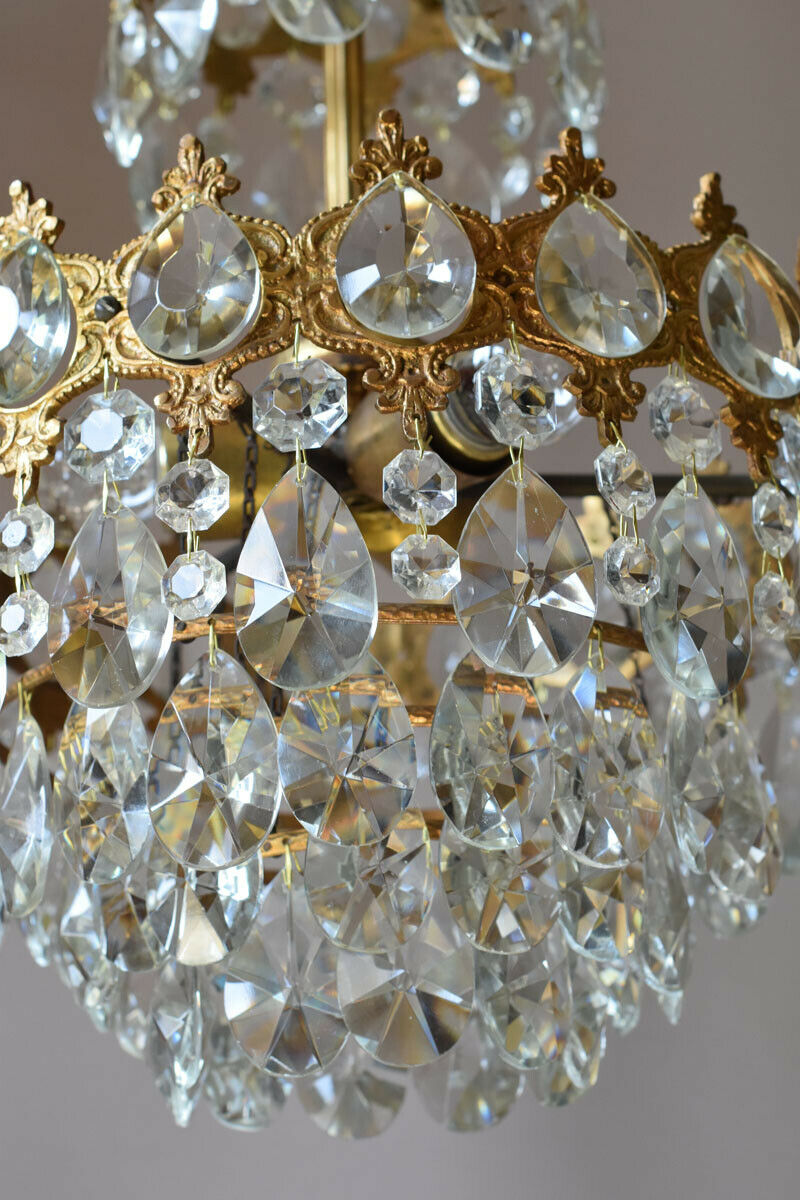 Brass Vintage Crystal Chandelier, Antique Lighting Bridal Lamp French Lustre
