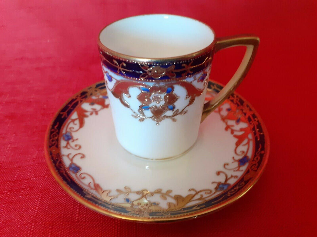 ANTIQUE NORITAKE DEMITASSE SIZE COFFE CAN/CUP & SAUCER COBALT BLUE & GILT DESIGN