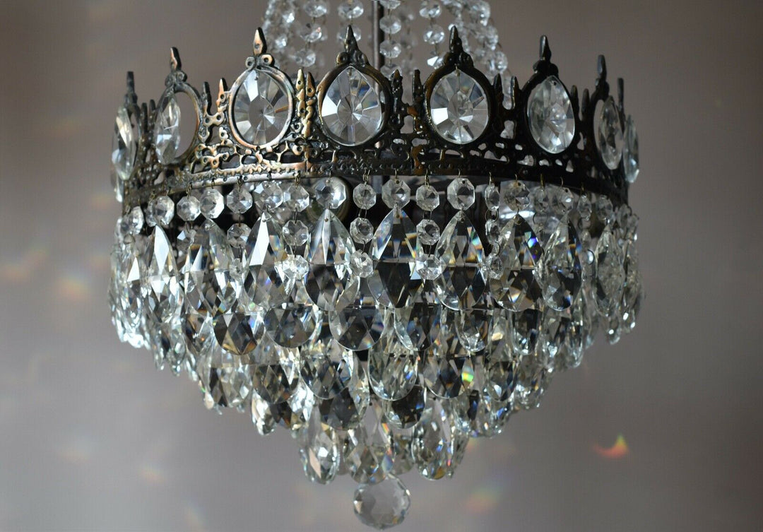 Two Antique Vintage Crystal Chandeliers in Bronze, Ceiling Lighting, pendants