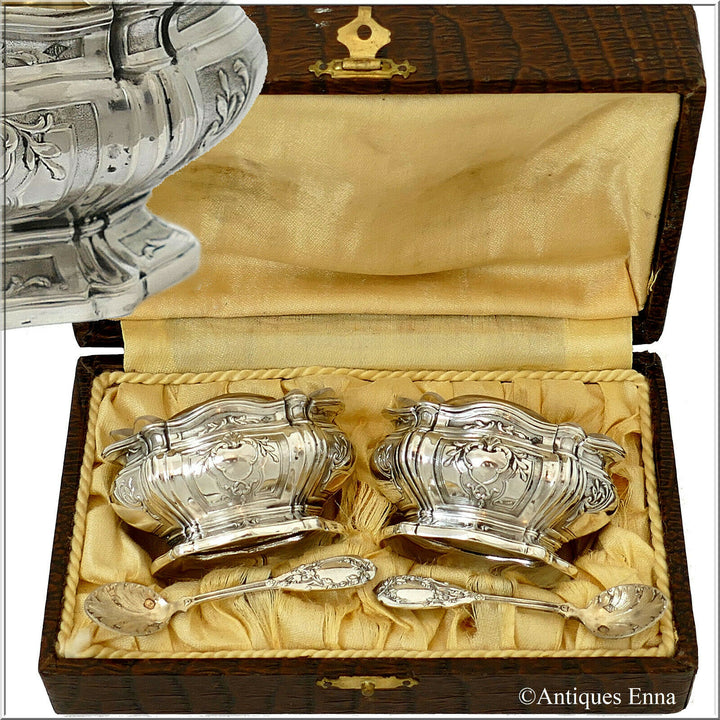 Puiforcat French Sterling Silver Salt Cellars Pair, Spoons, Box,