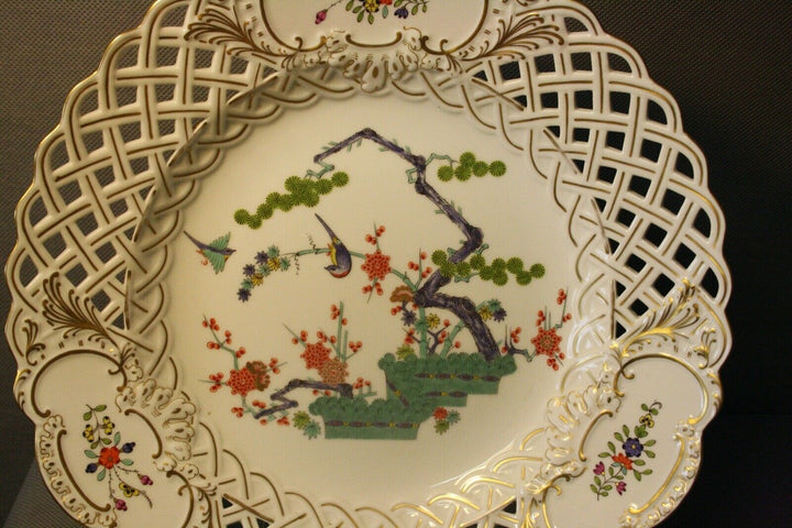 GROßER 28,5CM PRUNK TELLER FELS,AST,BLUMEN VOGEL MALEREI KAKIEMON MEISSEN 1.WAHL