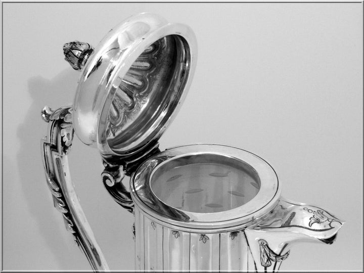 Antique French Sterling Silver & Crystal Serving Decanter, Pitcher Neoclassical