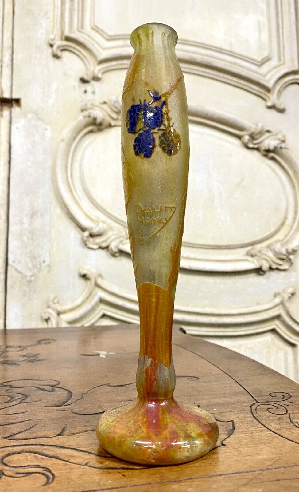 Daum Nancy - Vase Aux Mûres En Verre Multicouche, Pate De Verre Art Nouveau