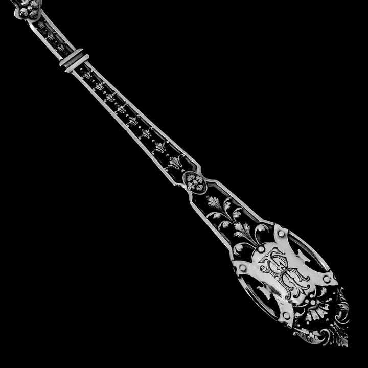 Puiforcat French Sterling Silver Sugar Sifter Spoon & Sugar Tongs, Box, Mascaron