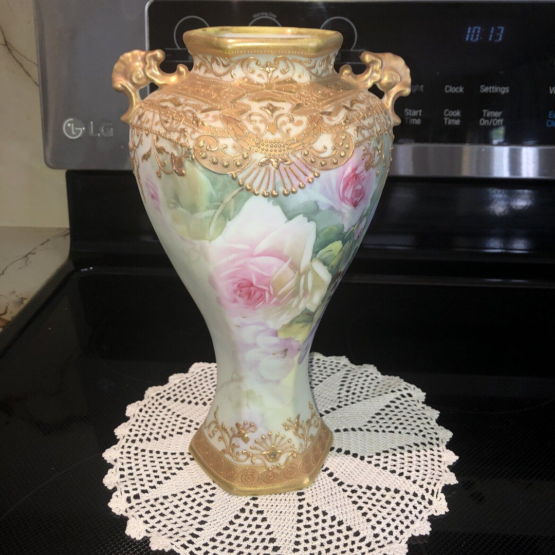 オールドノリタケ　メイプルリーフ印　ピンクローズと金彩の高級花瓶