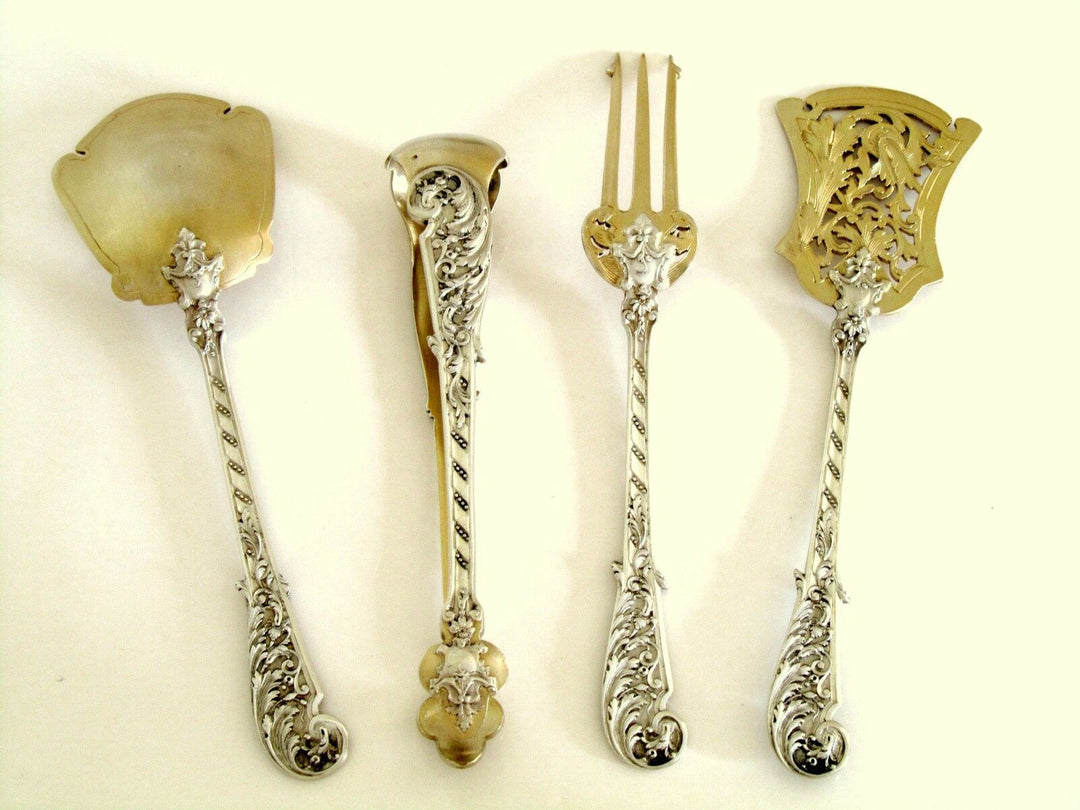 Soufflot French Sterling Silver 18K Gold Dessert Hors D'oeuvre Set 4 pc w/box