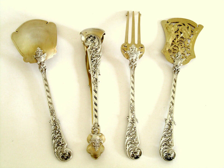 Soufflot French Sterling Silver 18K Gold Dessert Hors D'oeuvre Set 4 pc w/box