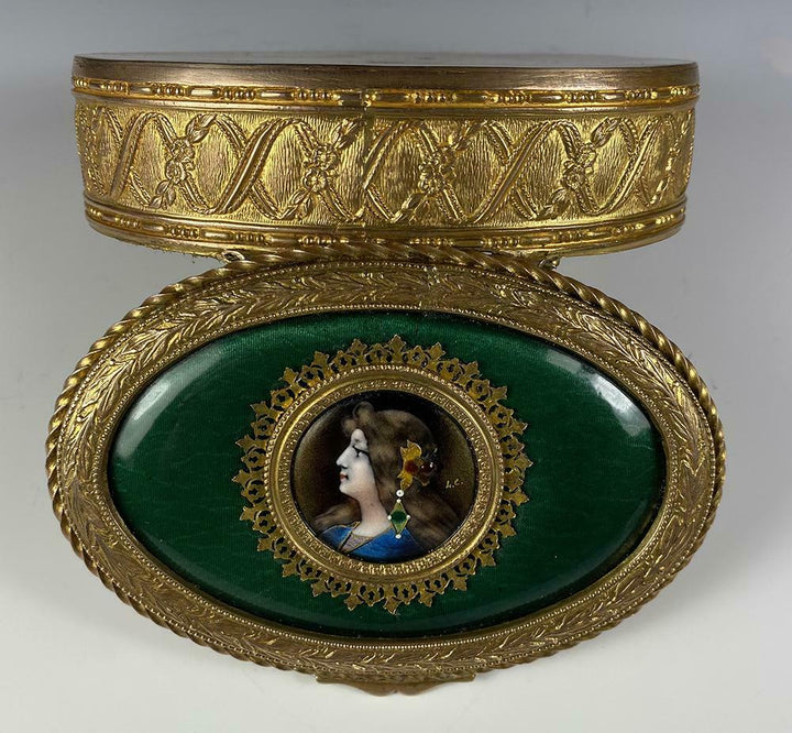 Antique French Kiln-fired Enamel Portrait Jewelry Box, Casket, 4 5/8" Dore Bronz