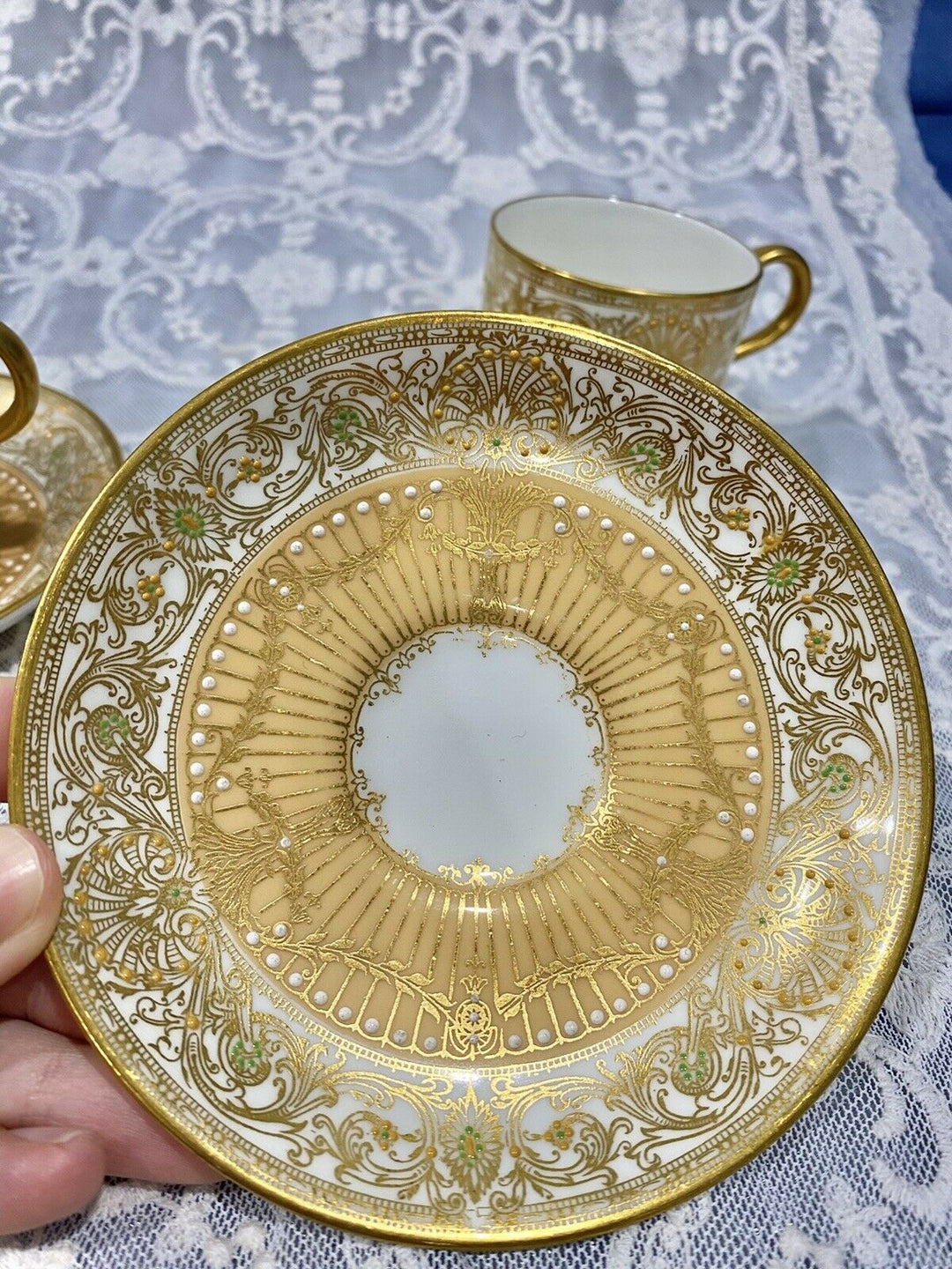 Antique ROYAL WORCESTER Porcelain Cup Saucer Set Enamel JEWELS Gold