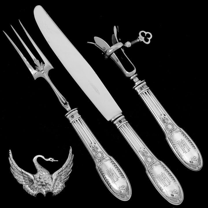 Puiforcat French Sterling Silver Flatware Set 92 Pc, Empire, Swan, Box