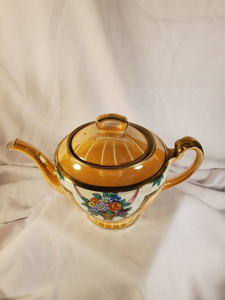 Noritake Teapot w/ Lid Iridescent Lusterware Orange & White Gold Trim Japan