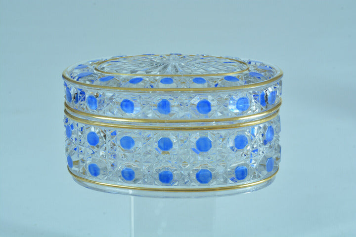 Boite en cristal de Baccarat Diamants Pierreries doublé bleu & filets or rare