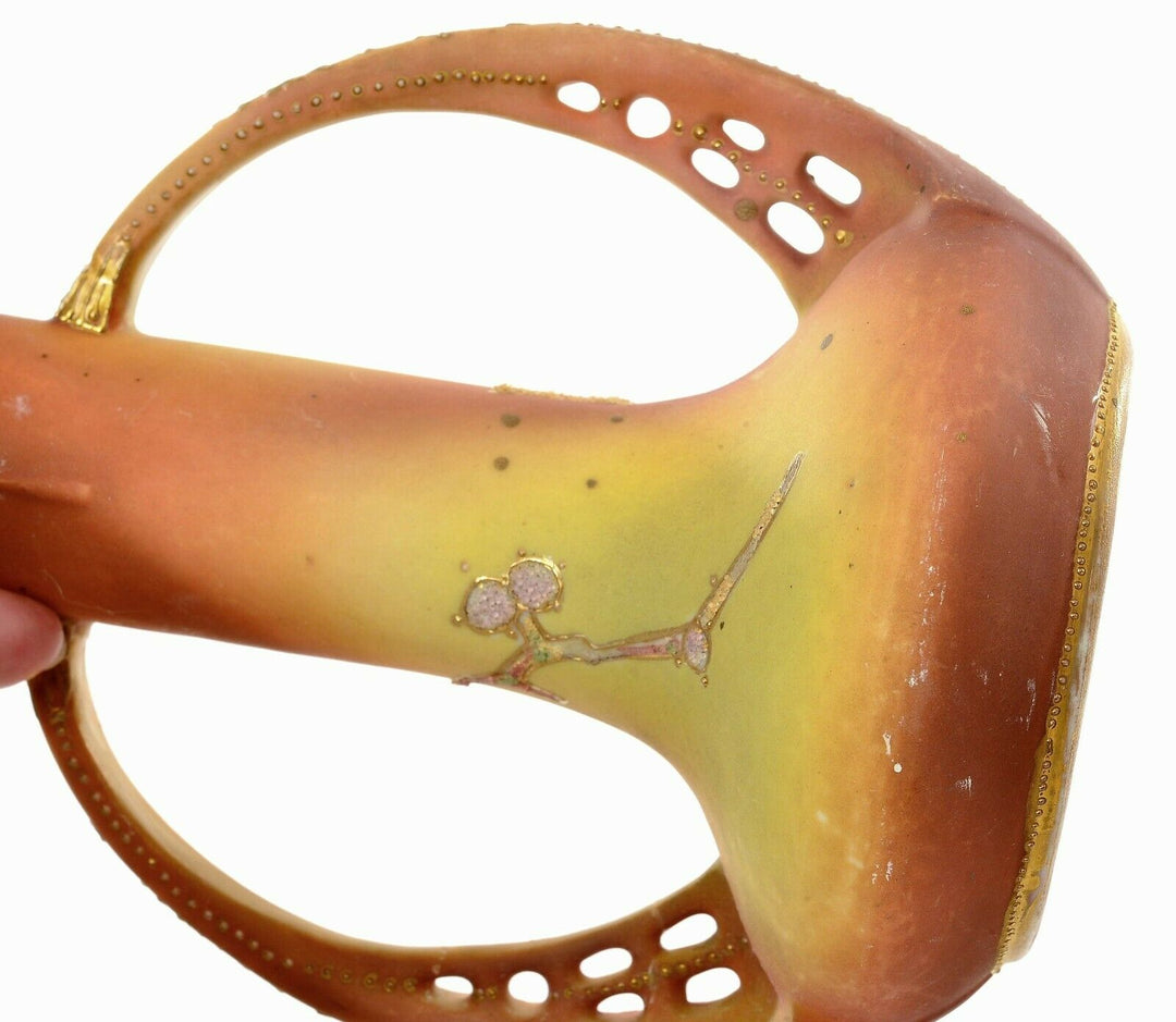 Japanese Nippon Porcelain Coralene Bead Handle Vase Plum Blossom Mk - AS IS