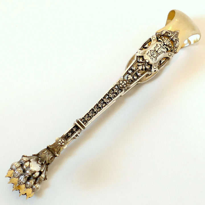 Puiforcat French Sterling Silver Sugar Sifter Spoon & Sugar Tongs, Box, Mascaron