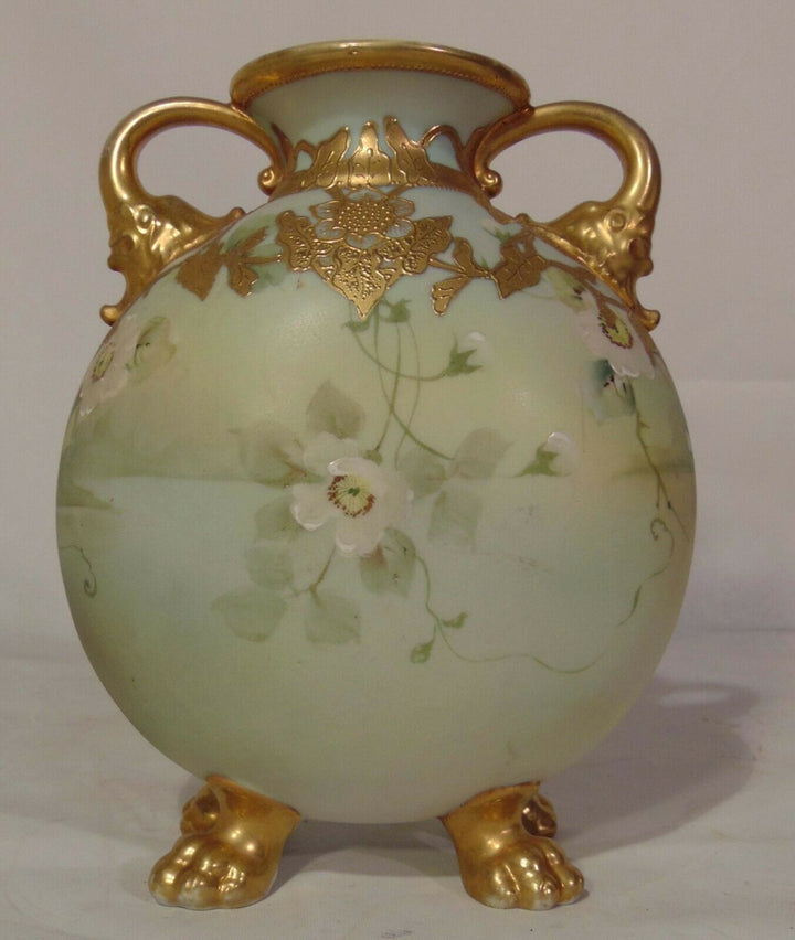 Japanese Nippon Porcelain Vase Elephant Handles Lion's Feet Swan White Roses