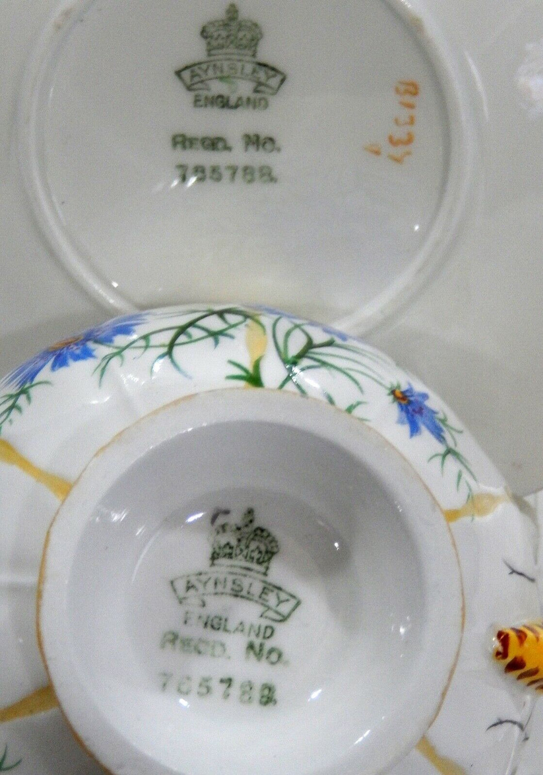 Rare 1930s Aynsley BUTTERFLY HANDLE CORNFLOWER CUP & SAUCER Hand painted Details