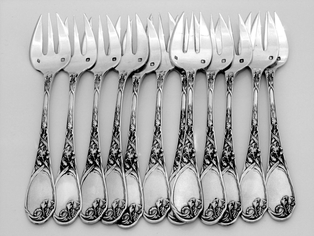 Puiforcat Fabulous French All Sterling Silver Oyster Forks 12 pc Iris Pattern