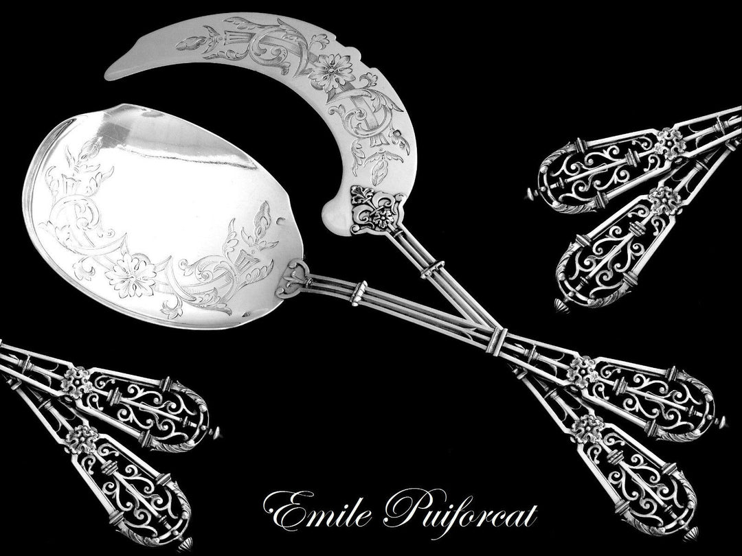 Puiforcat Fabulous French All Sterling Silver Ice Cream Set 2 pc Fantasy Ferrure