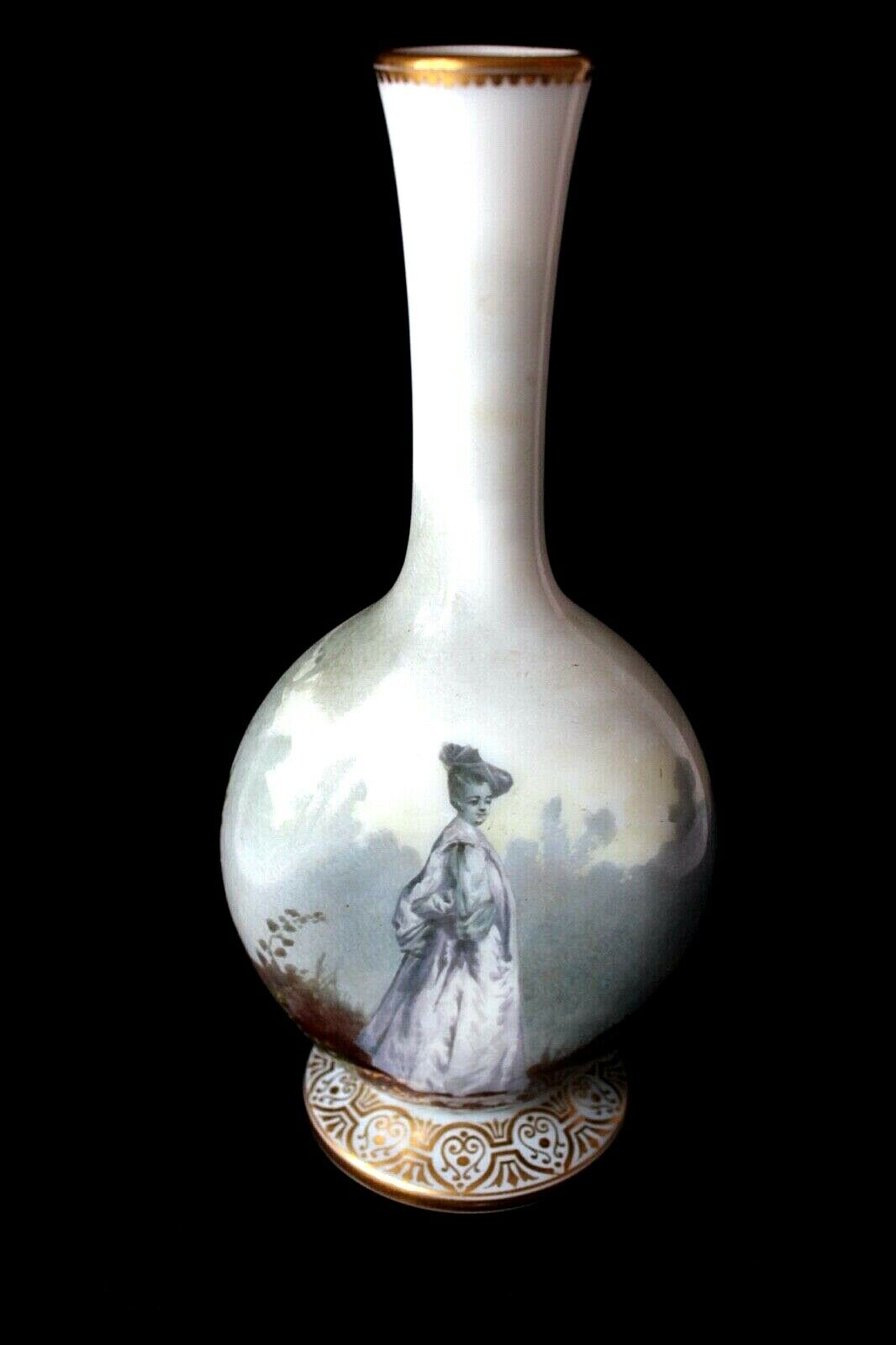Antique Baccarat opaline glass handpainted figural vase, very rare, c 1880