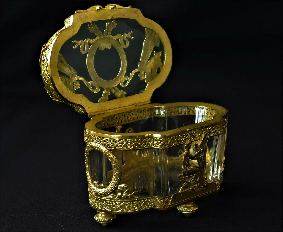 Coffret à Bijoux EMPIRE Bronze Doré Cristal Baccarat Femmes à l’Antique XIXème