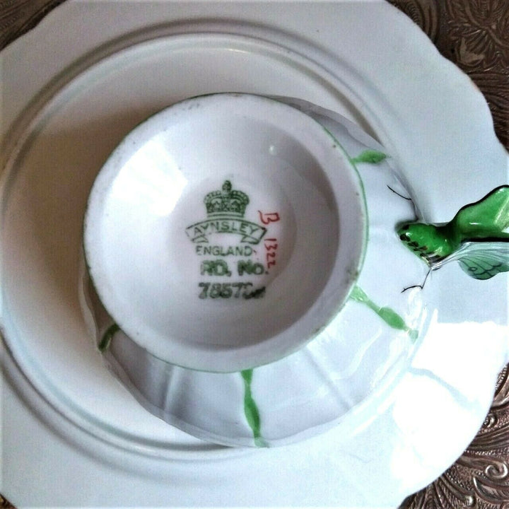 RARE Green & White Aynsley Butterfly handle Art Deco Teacup Saucer Side Plate