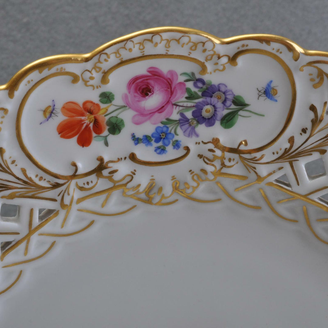 Meissen Durchbruchteller Schale, Enten und Hühner, Blüten und Insekten, 1.Wahl