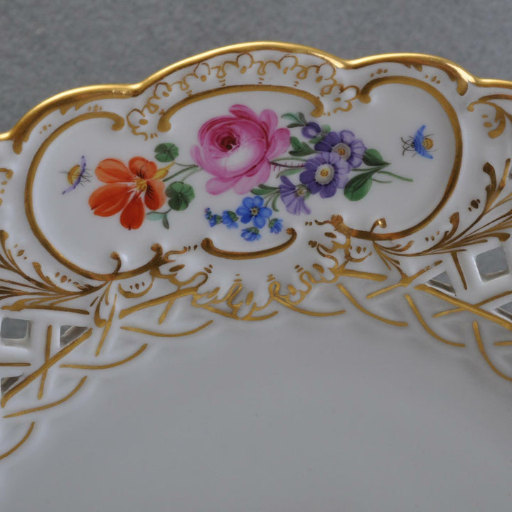 Meissen Durchbruchteller Schale, Enten und Hühner, Blüten und Insekten, 1.Wahl