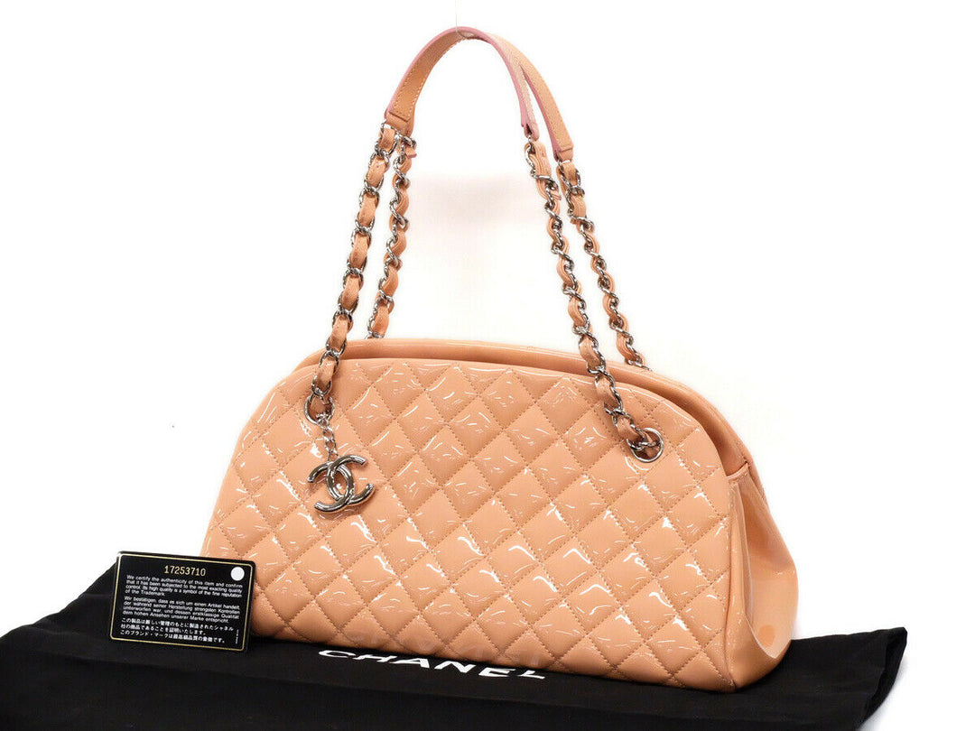 CHANEL Patent Tote Shoulder Bag Beige Pink Silver HW Medium