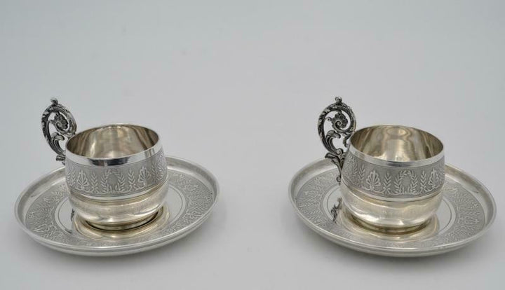 ピュイフォルカ、1900年代アンティークのオリジナル950銀ペアカップ&ソーサー、299g