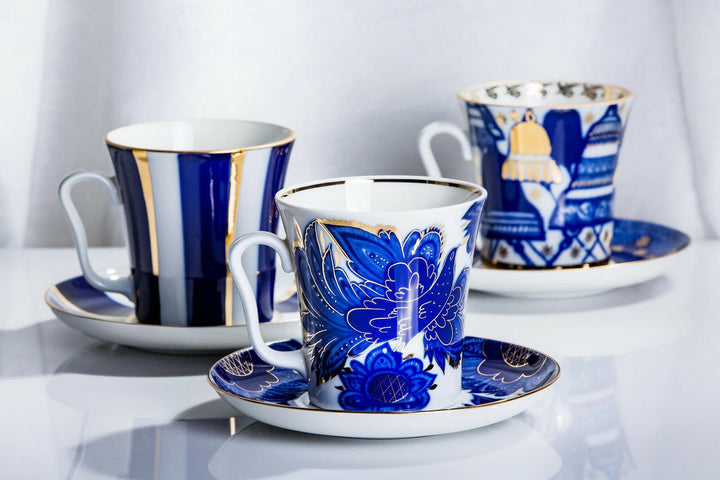 Cobalt Stripes Mug & Saucer Lomonosov Russian Imperial Porcelain Teacup 12 fl oz