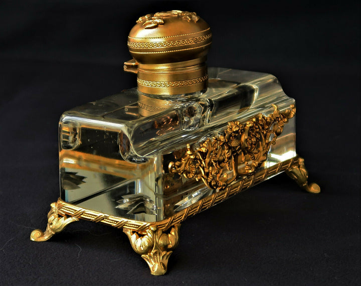 Encrier EMPIRE Bronze Doré Cristal Baccarat Hirondelles Vase Fleuri XIXème