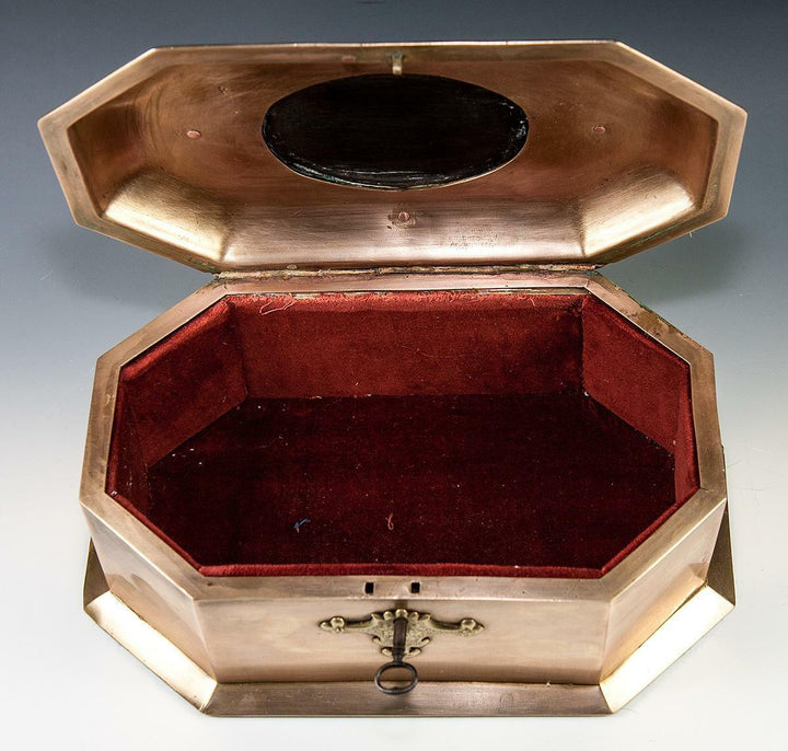 RARE Antique Heavy Italian Jewelry Box, 9.25" Casket, Pietra Dura Plaque c.1850