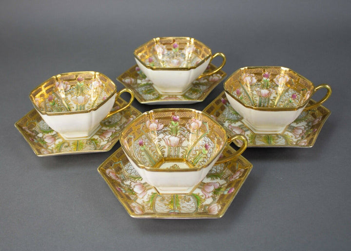 Nippon Hand Painted Embellished Gold Moriage Floral Tea Cups Saucers Rare Set 4
