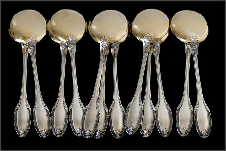 Puiforcat French Sterling Silver 18k Gold Ice Cream Spoons set 12 pc Palmette