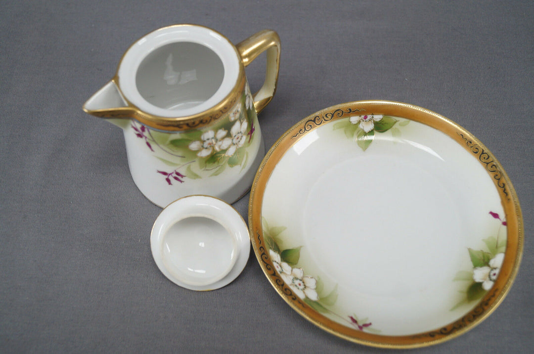 Nippon Morimura Hand Painted White Wild Rose Scrollwork & Beaded Syrup Pitcher
